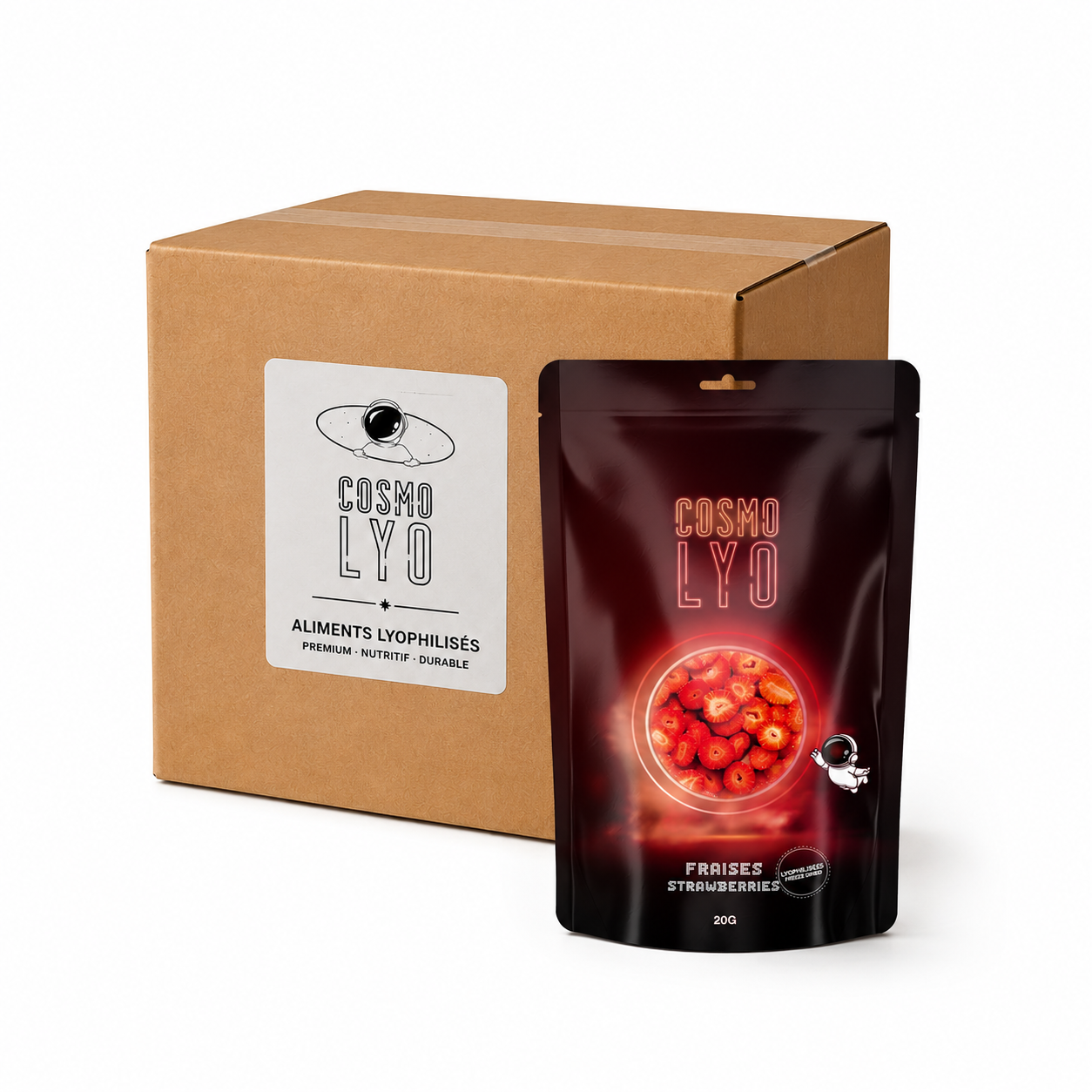 Boîte de 24 sachets de fraises lyophilisées en tranches 20g pour détaillants