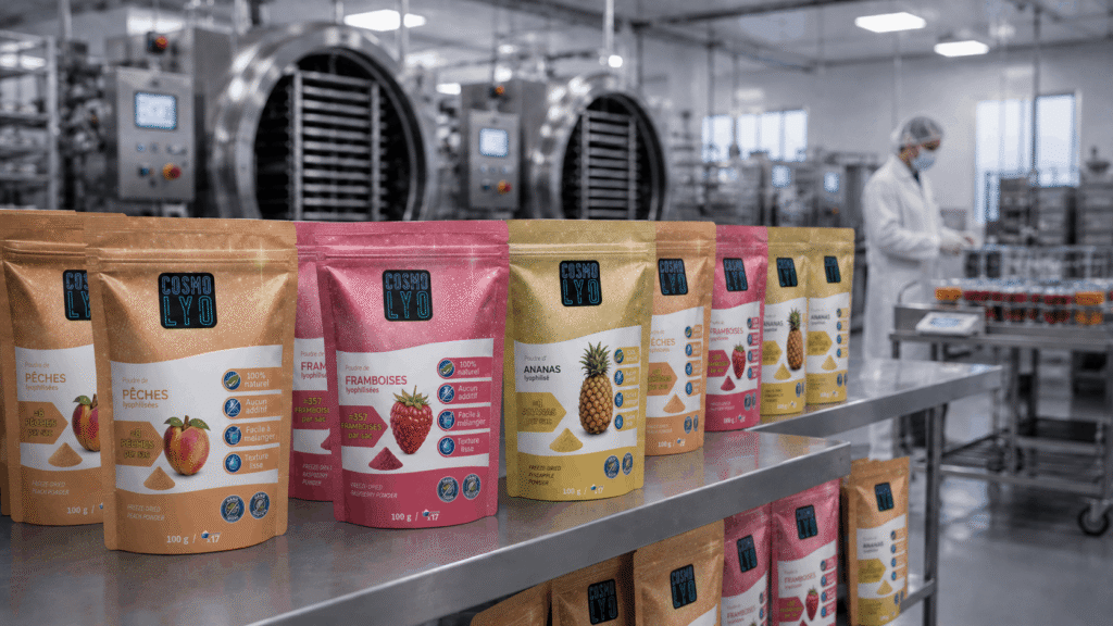 Formats de poudres et fruits lyophilisés en vrac pour production alimentaire