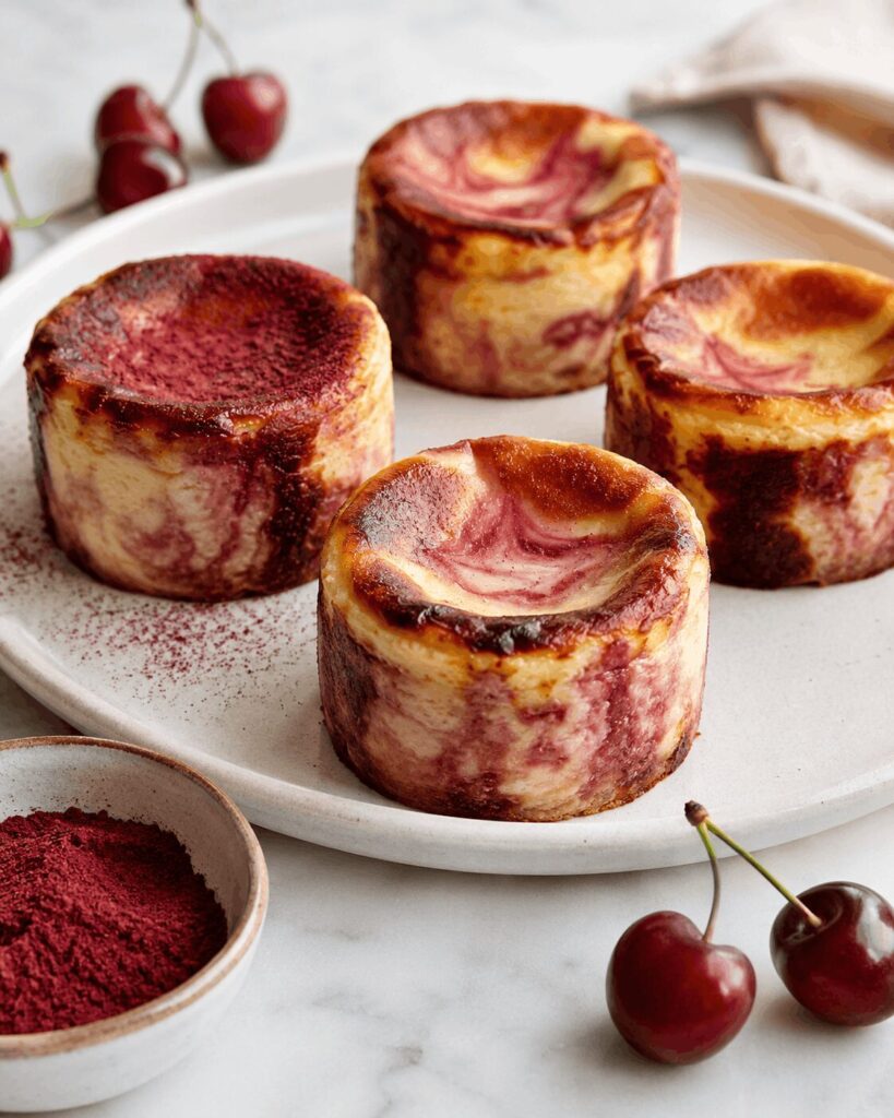 Mini gâteaux au fromage basques marbrés à la cerise et à la vanille, décorés d’un léger saupoudrage de poudre de cerise lyophilisée