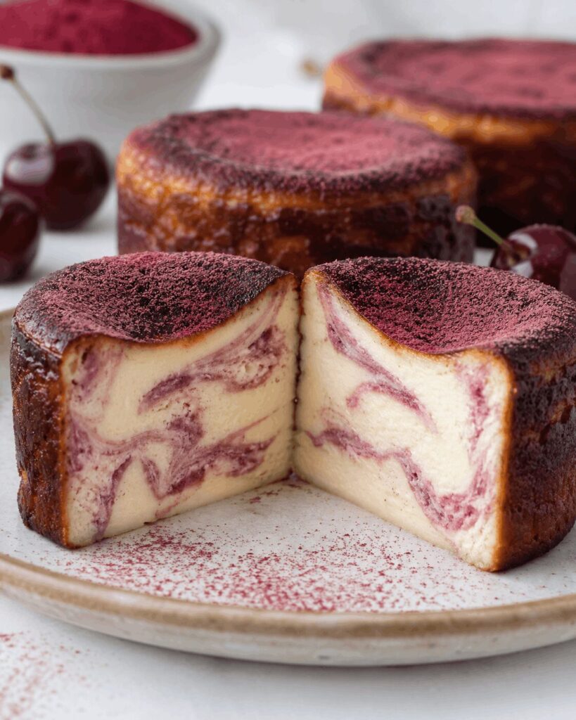 Mini gâteau au fromage basque coupé montrant son intérieur crémeux marbré à la poudre de cerise lyophilisée