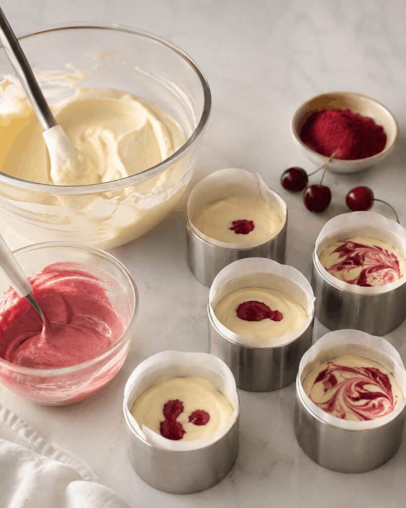 Préparation de mini gâteaux au fromage basques avec appareil à la vanille, appareil à la cerise et poudre de cerise lyophilisée