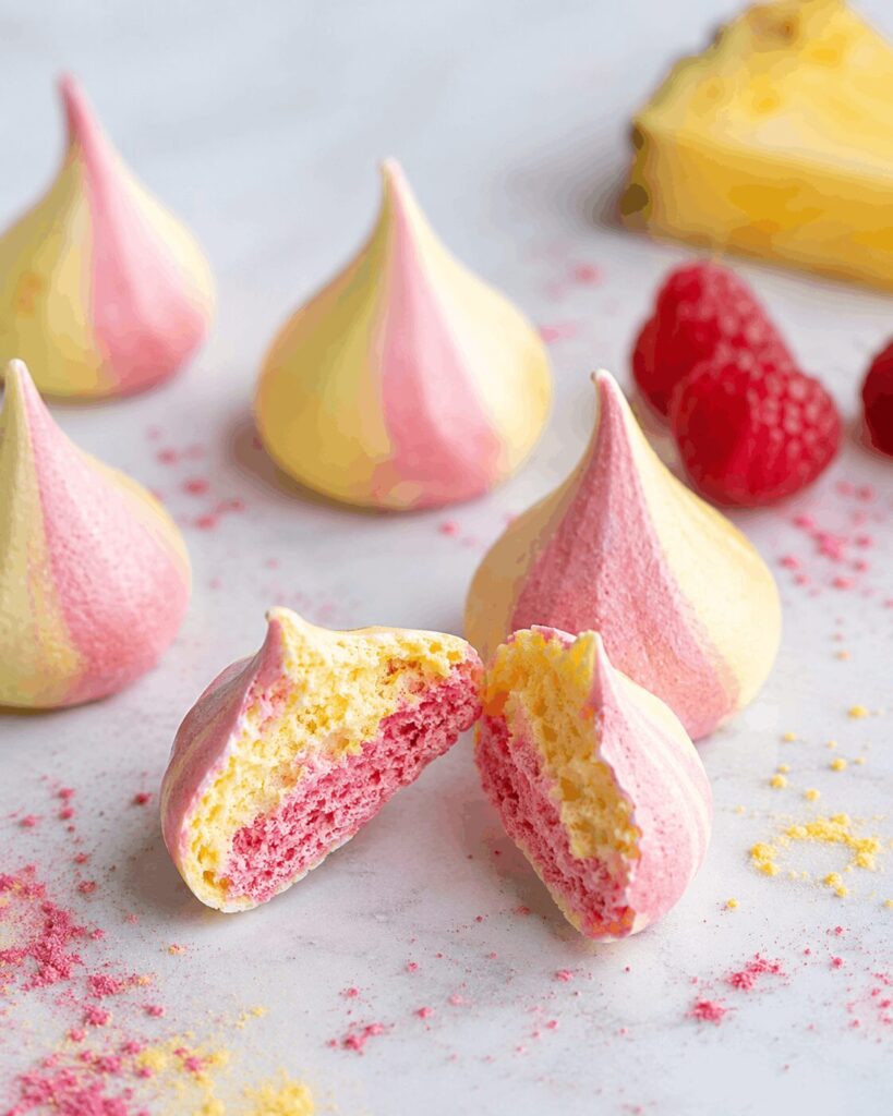 Meringue bicolore framboise et ananas cassée montrant son intérieur sec et croustillant