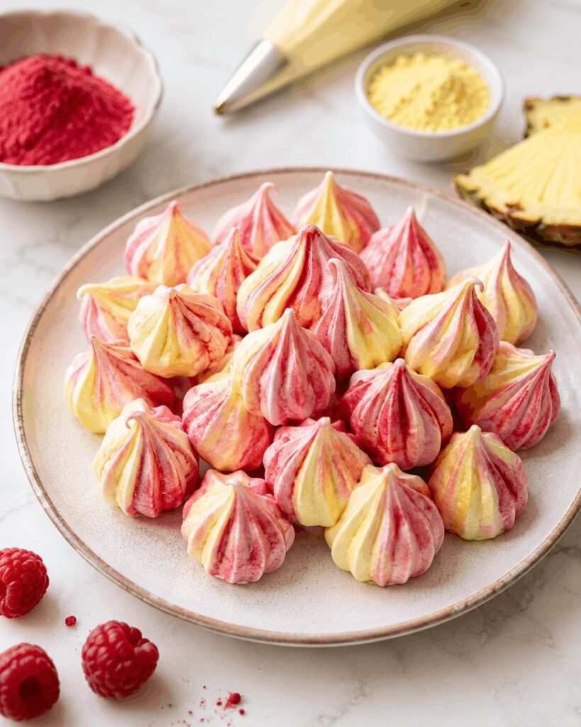 Meringues bicolores framboise et ananas préparées avec des poudres de fruits lyophilisés