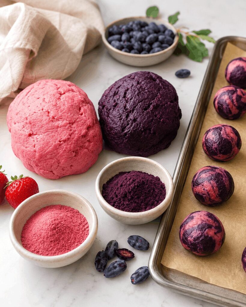 Préparation de pâtes à biscuits à la fraise et à la camerise avec leurs poudres de fruits