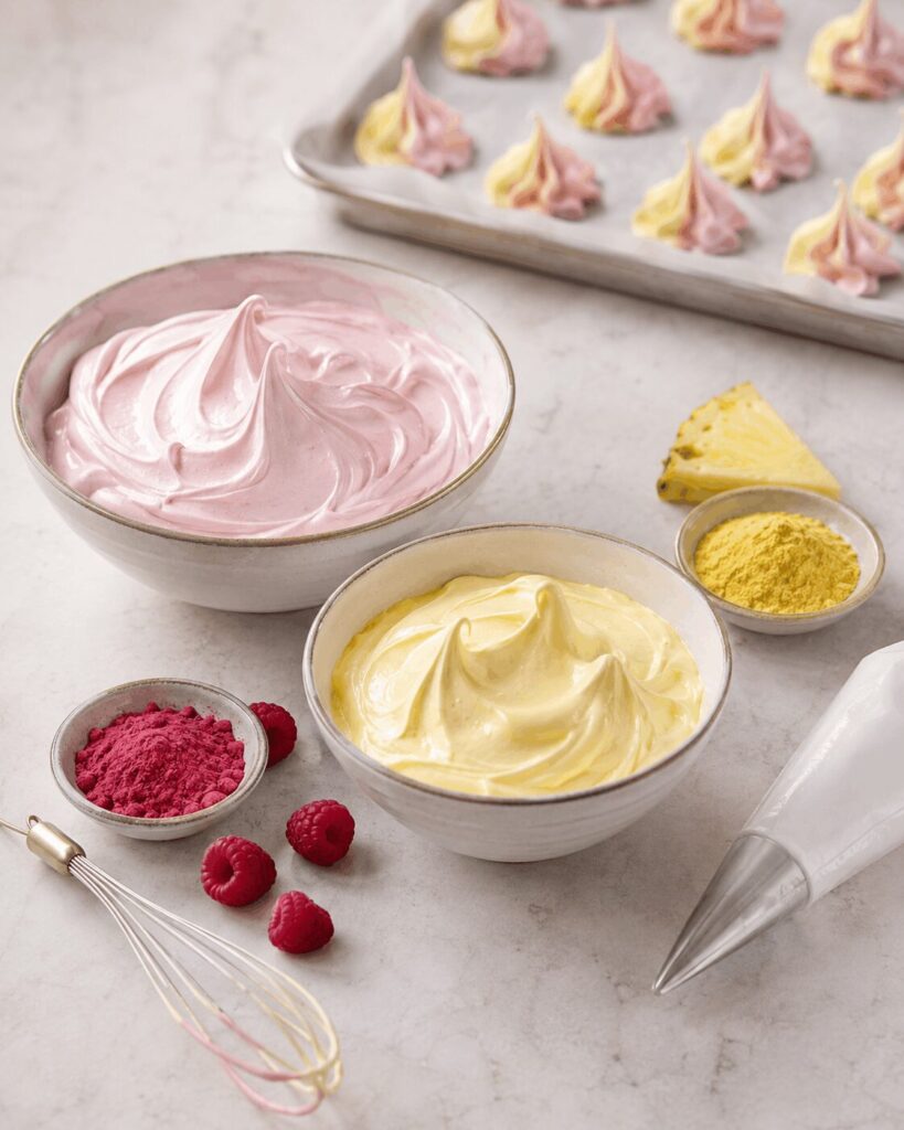 Préparation de meringues bicolores framboise et ananas avec les deux bases fruitées et une poche à douille
